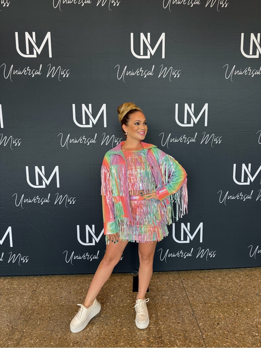 RARE QUEEN OF SPARKLES Iridescent Pastel Fringe Jacket & Skirt Set XS